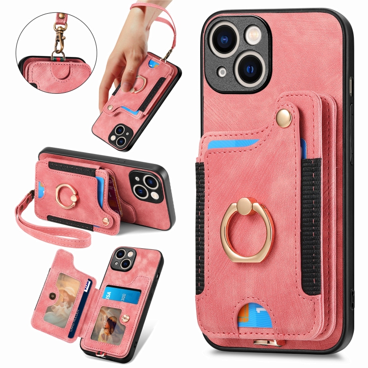 

For iPhone 15 Retro Skin-feel Ring Multi-card Wallet Phone Case(Pink)
