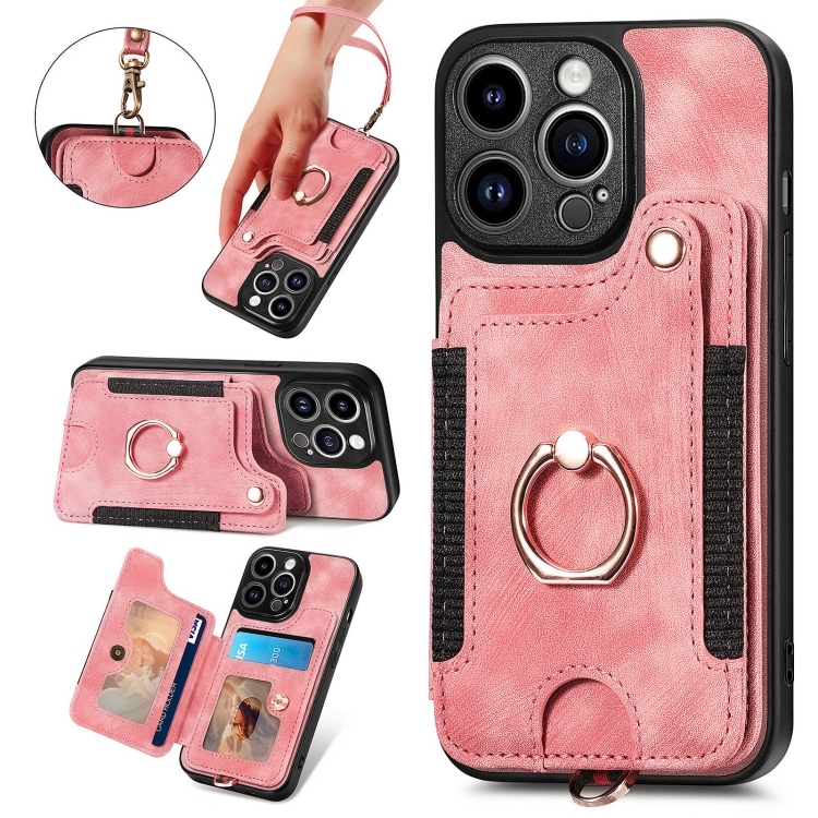 

For iPhone 15 Pro Retro Skin-feel Ring Multi-card Wallet Phone Case(Pink)
