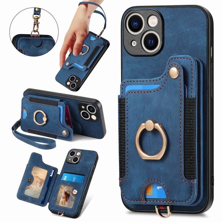 

For iPhone 15 Plus Retro Skin-feel Ring Multi-card Wallet Phone Case(Blue)
