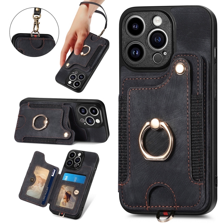 For iPhone 15 Pro Max Retro Skin-feel Ring Multi-card Wallet Phone