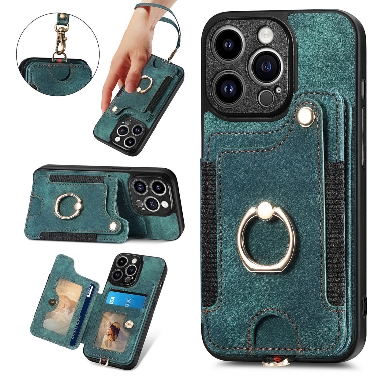 

For iPhone 15 Pro Max Retro Skin-feel Ring Multi-card Wallet Phone Case(Green)