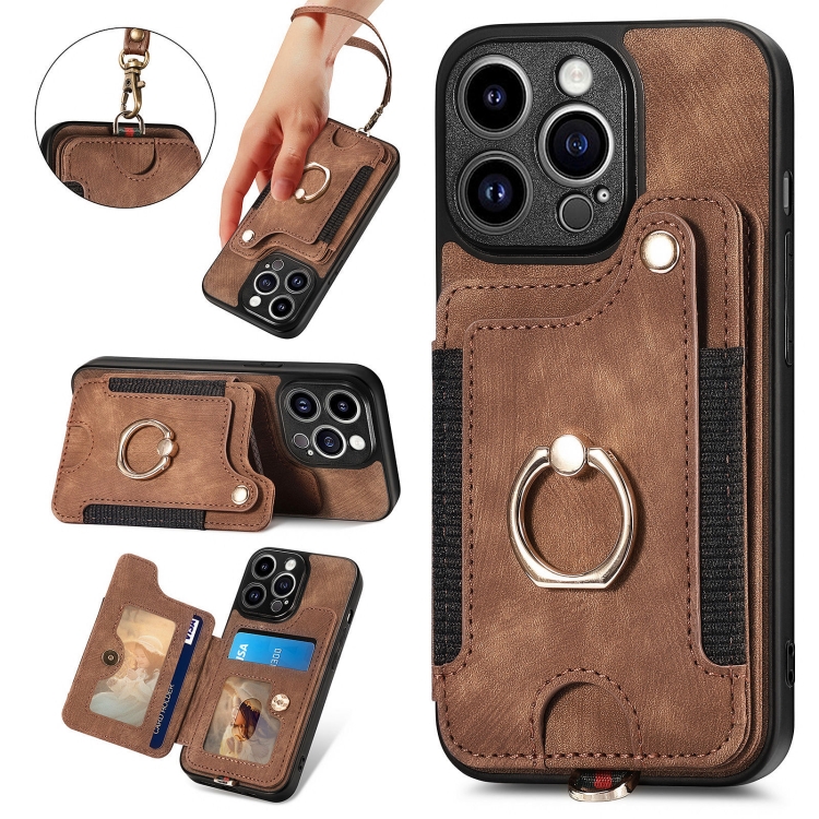 

For iPhone 15 Pro Max Retro Skin-feel Ring Multi-card Wallet Phone Case(Brown)