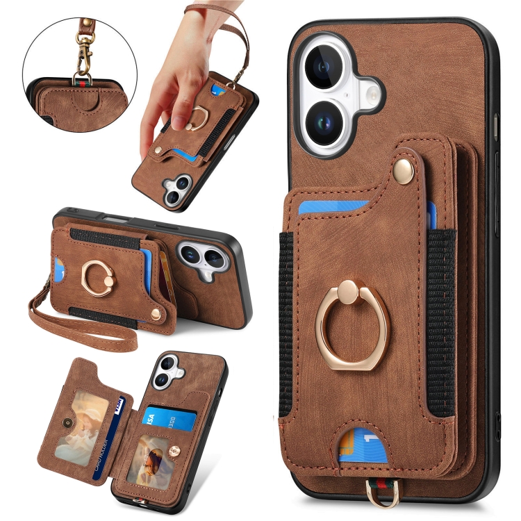 

For iPhone 16 Plus Retro Skin-feel Ring Multi-card Wallet Phone Case(Brown)