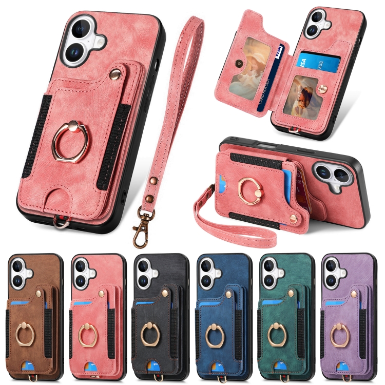 

For iPhone 16 Pro Retro Skin-feel Ring Multi-card Wallet Phone Case(Pink)