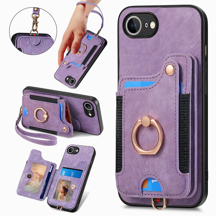 

For iPhone 16e Retro Skin-feel Ring Multi-card Wallet Phone Case(Purple)