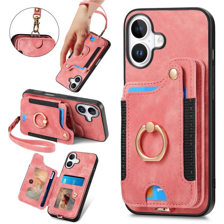 

For iPhone 17 Retro Skin-feel Ring Multi-card Wallet Phone Case(Pink)