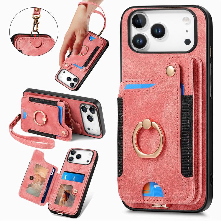 

For iPhone 17 Pro Max Retro Skin-feel Ring Multi-card Wallet Phone Case(Pink)