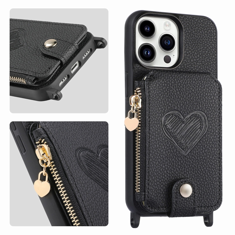 

For iPhone 15 Pro Max Crossbody Love Zipper Leather Back Phone Case(Black)