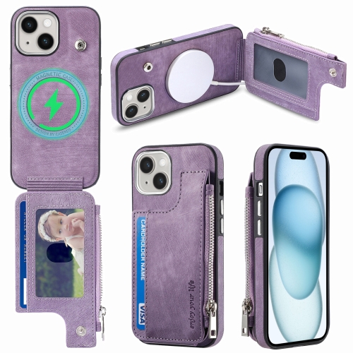 

For iPhone 15 Magsafe Zipper RFID Wallet All-inclusive Shockrpoof Phone Case(Purple)