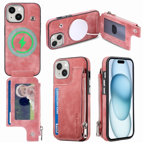 

For iPhone 15 Plus Magsafe Zipper RFID Wallet All-inclusive Shockrpoof Phone Case(Pink)