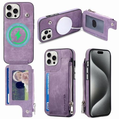 

For iPhone 15 Pro Magsafe Zipper RFID Wallet All-inclusive Shockrpoof Phone Case(Purple)