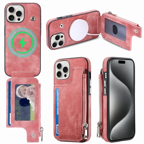 

For iPhone 15 Pro Magsafe Zipper RFID Wallet All-inclusive Shockrpoof Phone Case(Pink)