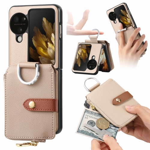 

For OPPO Find N3 Flip Vertical Flip Zipper Wallet Ring Leather Phone Case(Khaki)