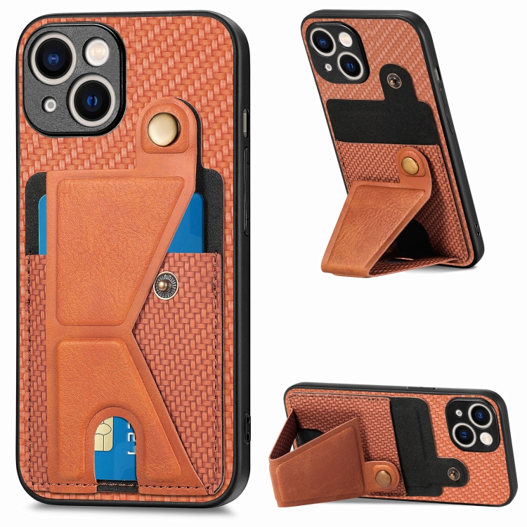 

For iPhone 15 Plus Carbon Fiber Wallet Flip Card K-shaped Holder Phone Case(Brown)