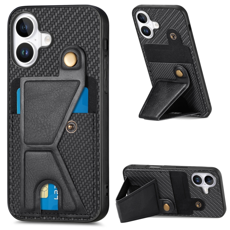 

For iPhone 16 Carbon Fiber Wallet Flip Card K-shaped Holder Phone Case(Black)