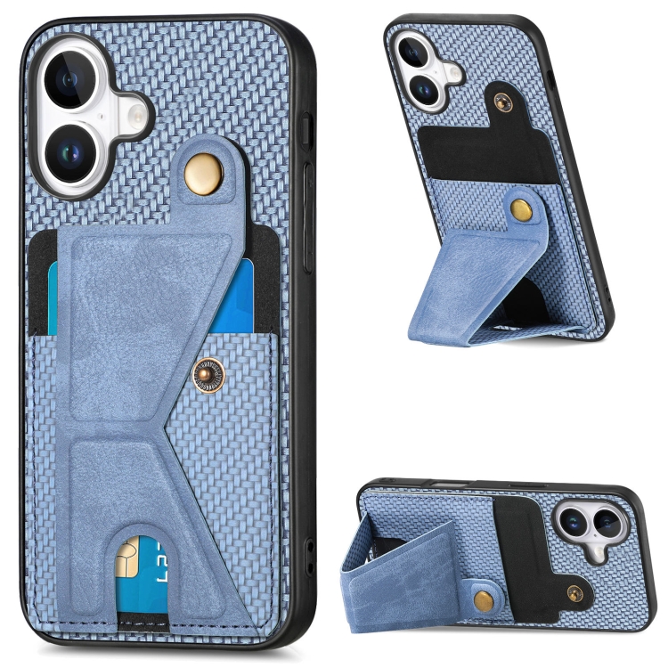 

For iPhone 16 Carbon Fiber Wallet Flip Card K-shaped Holder Phone Case(Blue)