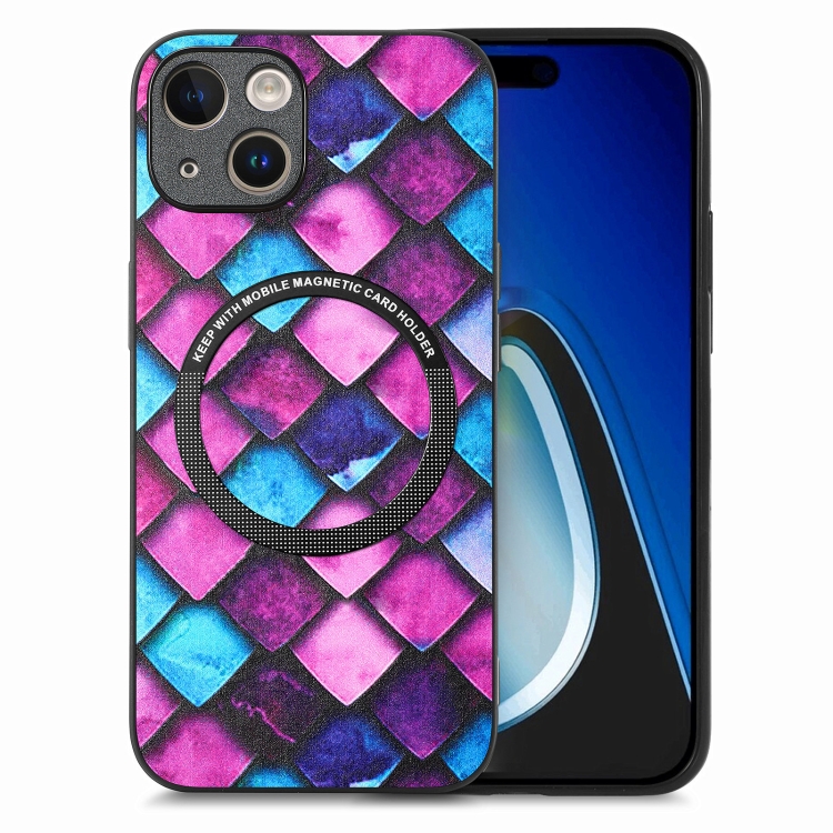 

For iPhone 15 Colored Drawing Leather Back Phone Case(Purple Scales)