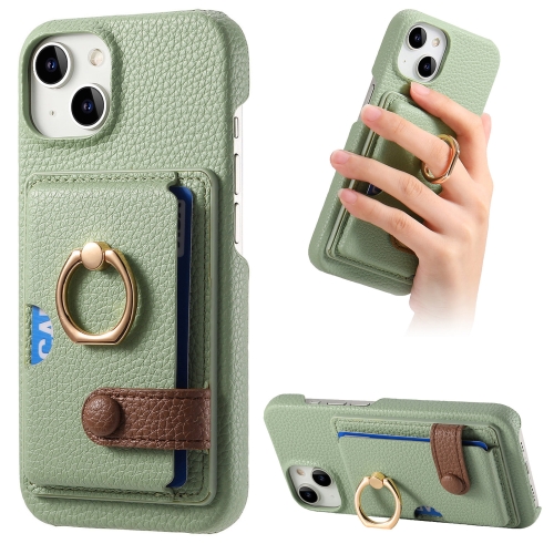 

For iPhone 15 Litchi Leather Oil Edge Ring Card Back Phone Case(Tea Green)
