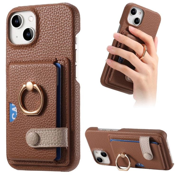 

For iPhone 15 Litchi Leather Oil Edge Ring Card Back Phone Case(Brown)