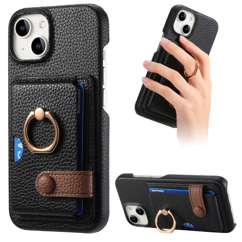 

For iPhone 15 Litchi Leather Oil Edge Ring Card Back Phone Case(Black)