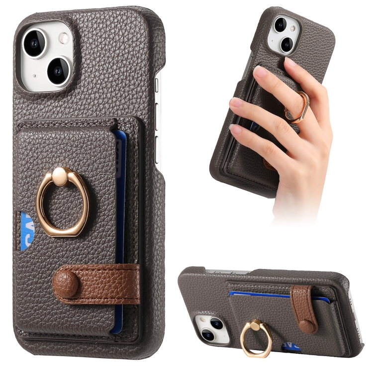 

For iPhone 15 Litchi Leather Oil Edge Ring Card Back Phone Case(Grey)