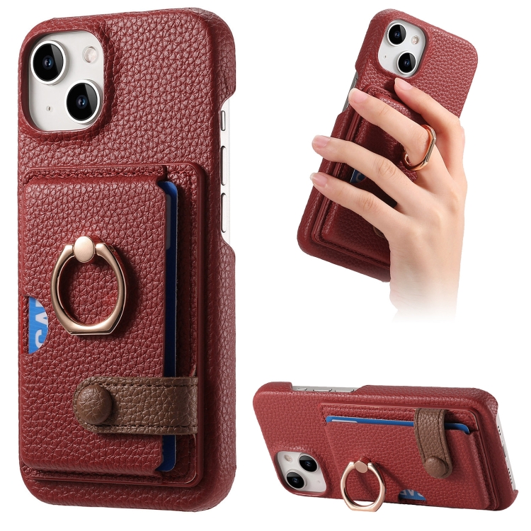 

For iPhone 15 Litchi Leather Oil Edge Ring Card Back Phone Case(Red)