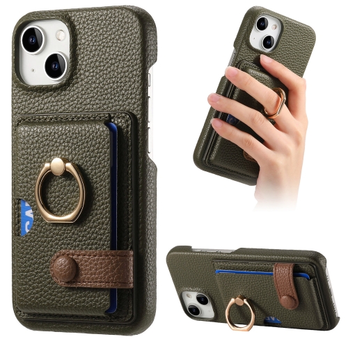 

For iPhone 15 Litchi Leather Oil Edge Ring Card Back Phone Case(Green)