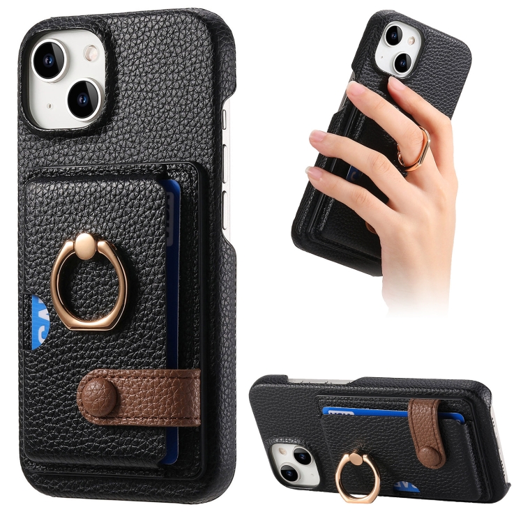

For iPhone 15 Plus Litchi Leather Oil Edge Ring Card Back Phone Case(Black)