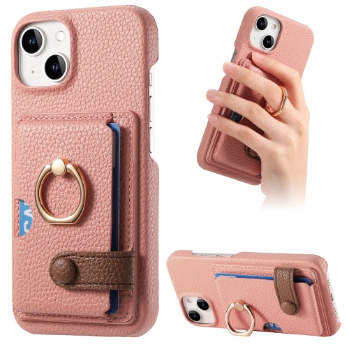 

For iPhone 15 Plus Litchi Leather Oil Edge Ring Card Back Phone Case(Pink)