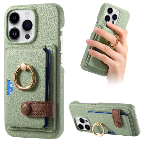 

For iPhone 15 Pro Litchi Leather Oil Edge Ring Card Back Phone Case(Tea Green)