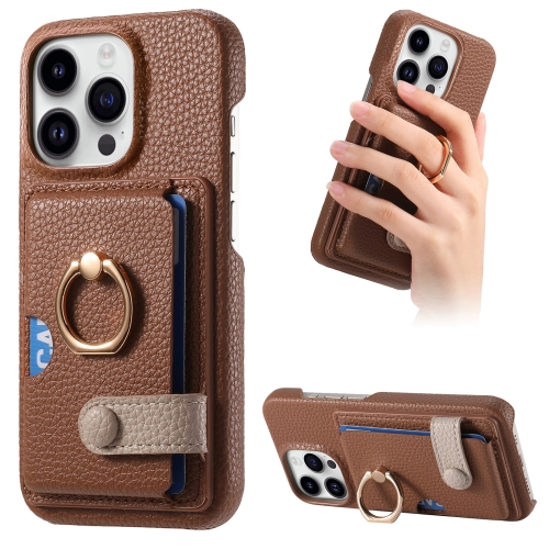 

For iPhone 15 Pro Litchi Leather Oil Edge Ring Card Back Phone Case(Brown)