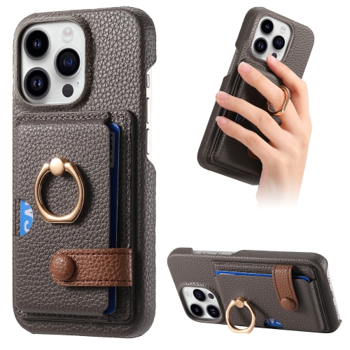 

For iPhone 15 Pro Litchi Leather Oil Edge Ring Card Back Phone Case(Grey)