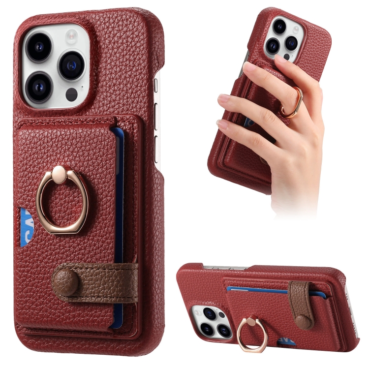 

For iPhone 15 Pro Litchi Leather Oil Edge Ring Card Back Phone Case(Red)