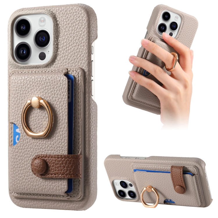 

For iPhone 15 Pro Max Litchi Leather Oil Edge Ring Card Back Phone Case(Khaki)