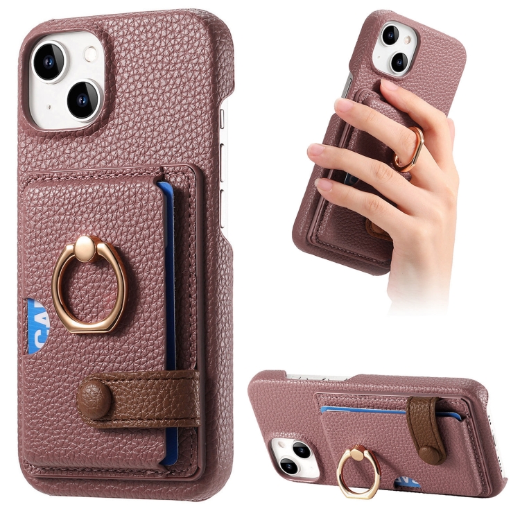 

For iPhone 13 mini Litchi Leather Oil Edge Ring Card Back Phone Case(Jujube apricot)