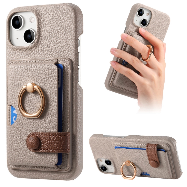 

For iPhone 13 mini Litchi Leather Oil Edge Ring Card Back Phone Case(Khaki)