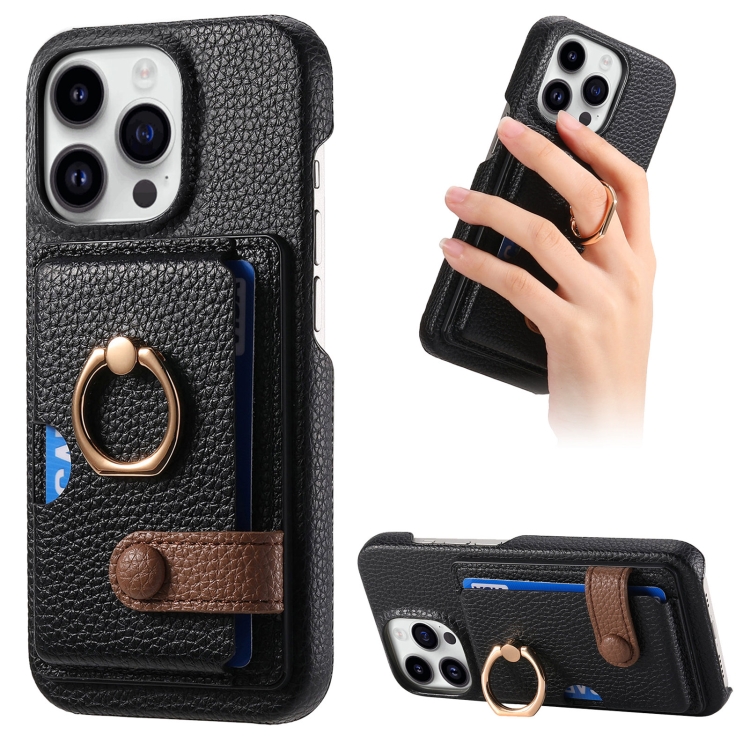 

For iPhone 13 Pro Litchi Leather Oil Edge Ring Card Back Phone Case(Black)