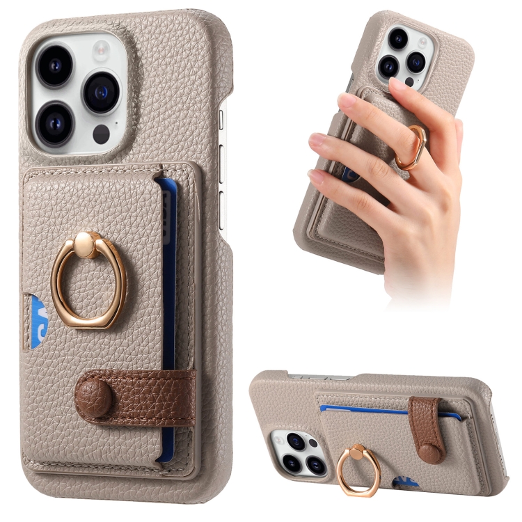 

For iPhone 13 Pro Litchi Leather Oil Edge Ring Card Back Phone Case(Khaki)