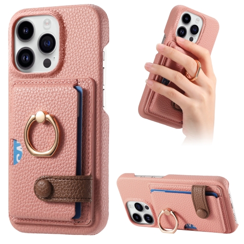 

For iPhone 14 Pro Litchi Leather Oil Edge Ring Card Back Phone Case(Pink)