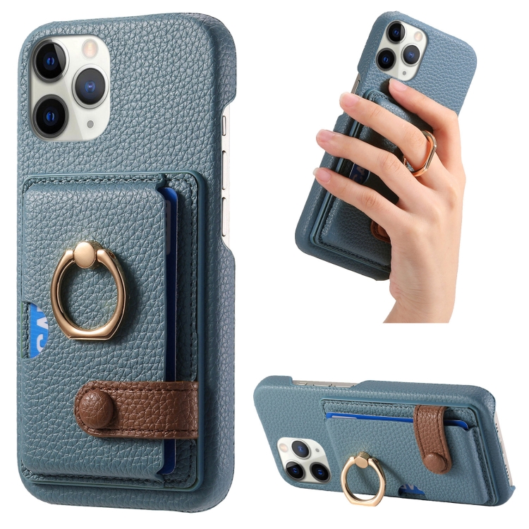 

For iPhone 11 Pro Litchi Leather Oil Edge Ring Card Back Phone Case(Light Blue)