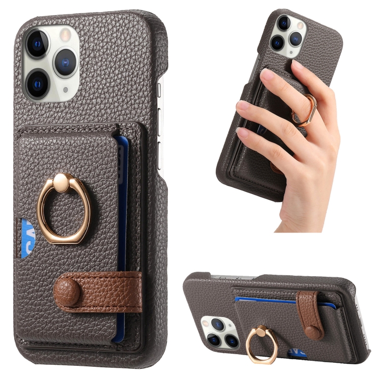 

For iPhone 11 Pro Litchi Leather Oil Edge Ring Card Back Phone Case(Grey)