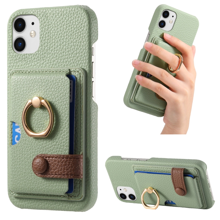 

For iPhone 11 Litchi Leather Oil Edge Ring Card Back Phone Case(Tea Green)