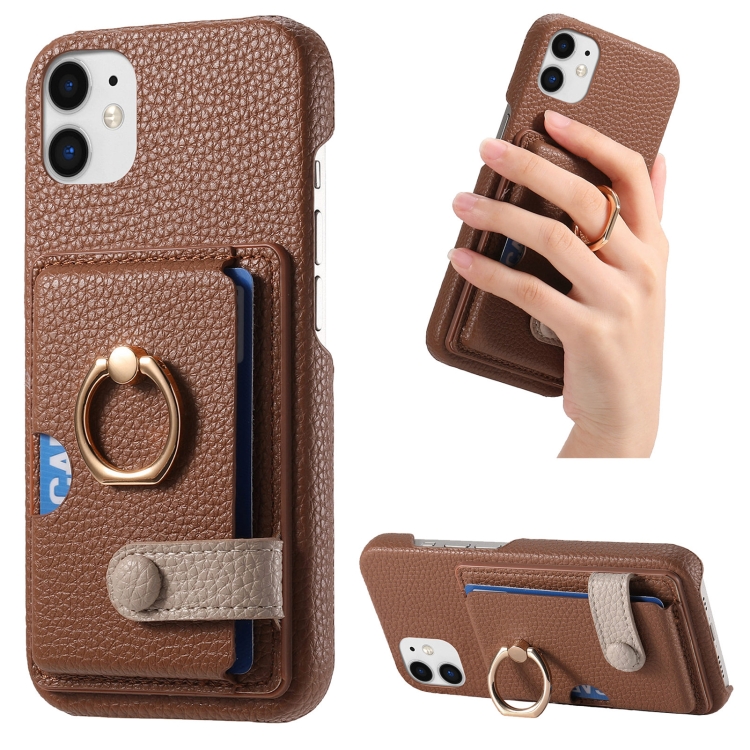 

For iPhone 11 Litchi Leather Oil Edge Ring Card Back Phone Case(Brown)