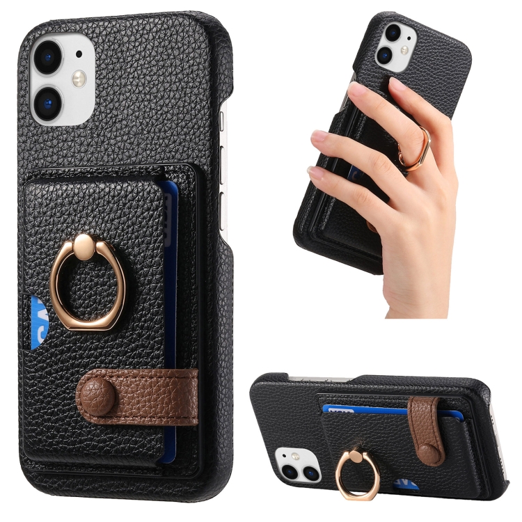 

For iPhone 11 Litchi Leather Oil Edge Ring Card Back Phone Case(Black)