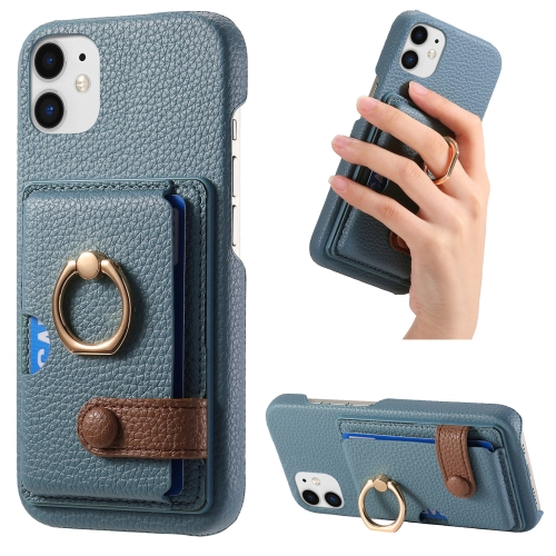 

For iPhone 11 Litchi Leather Oil Edge Ring Card Back Phone Case(Light Blue)