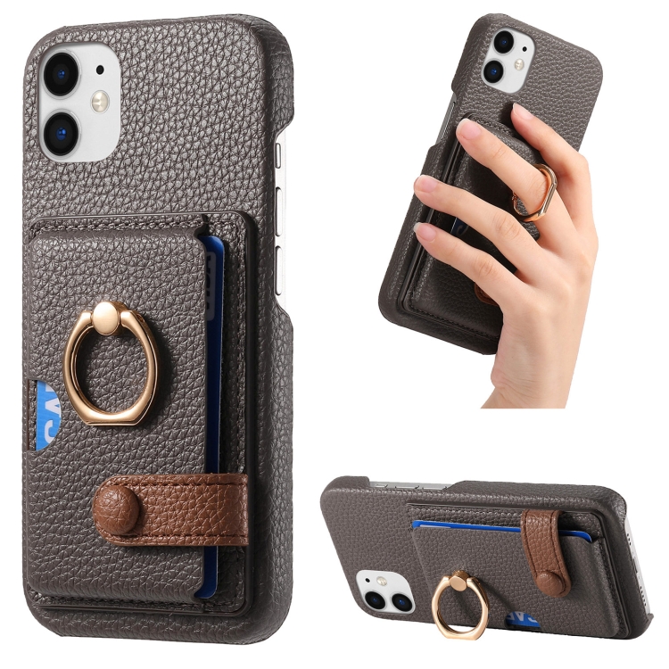 

For iPhone 11 Litchi Leather Oil Edge Ring Card Back Phone Case(Grey)