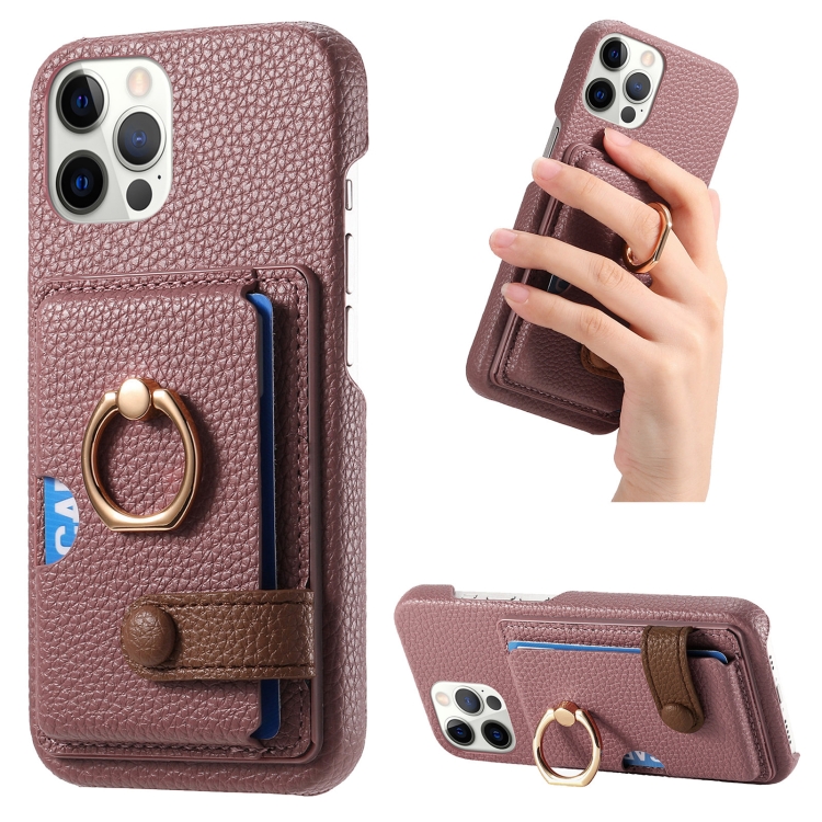 

For iPhone 12 Pro Litchi Leather Oil Edge Ring Card Back Phone Case(Jujube Apricot)