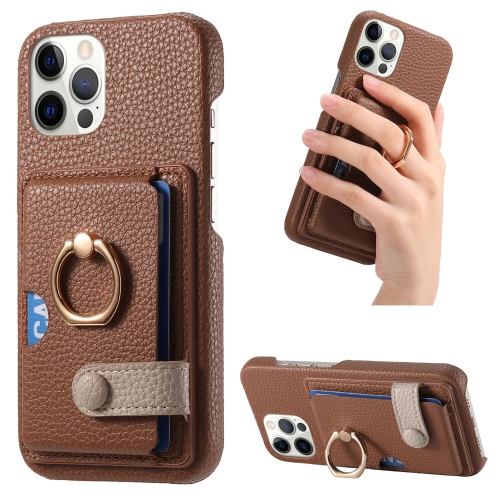 

For iPhone 12 Pro Litchi Leather Oil Edge Ring Card Back Phone Case(Brown)