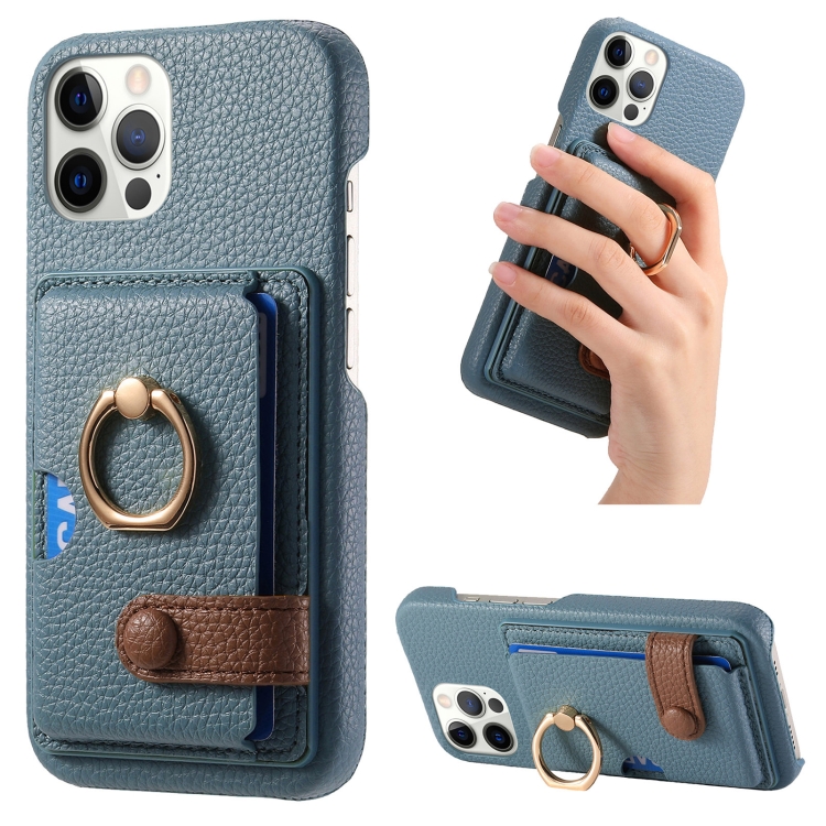 

For iPhone 12 Pro Litchi Leather Oil Edge Ring Card Back Phone Case(Light Blue)