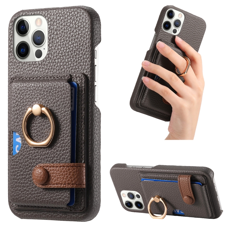 

For iPhone 12 Pro Litchi Leather Oil Edge Ring Card Back Phone Case(Grey)